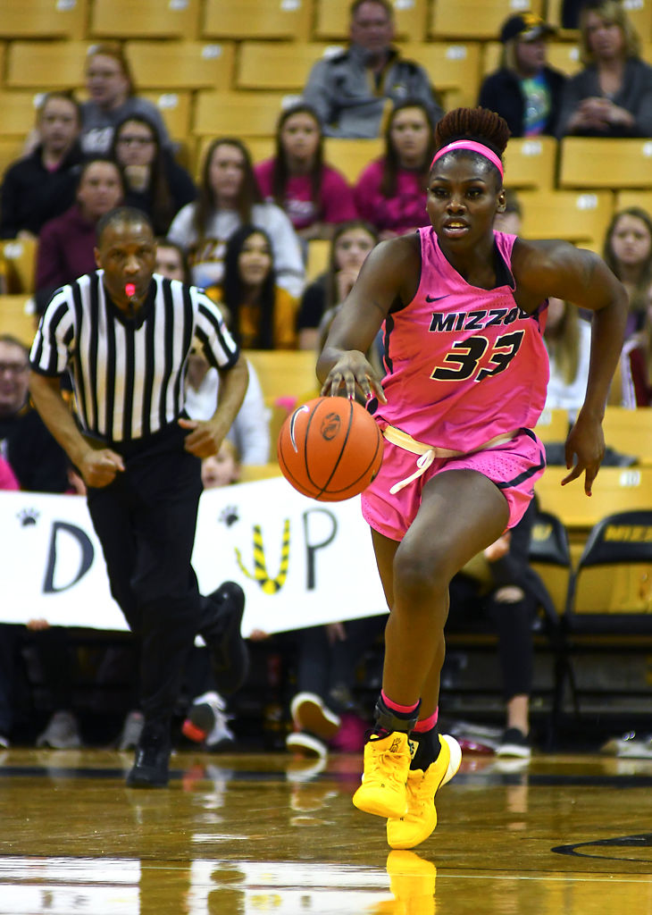 University of Missouri's Aijha Blackwell dribbles the ball down the court